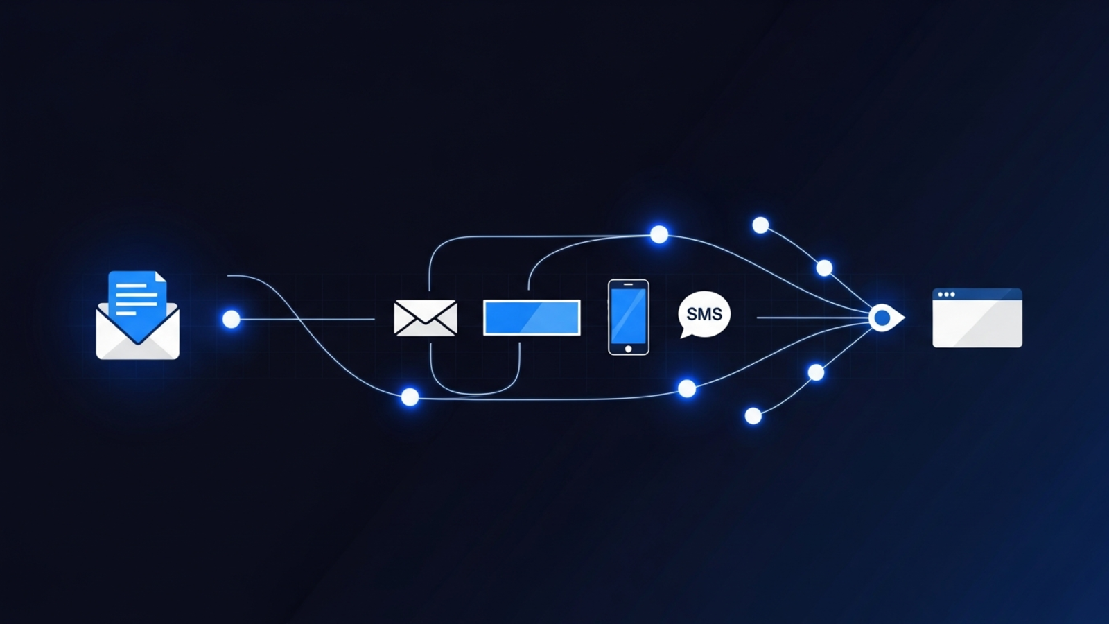 The omnichannel sequence: a single newsletter impression branches into a connected journey across email, display banners, mobile push, SMS, and a personalized web landing page.