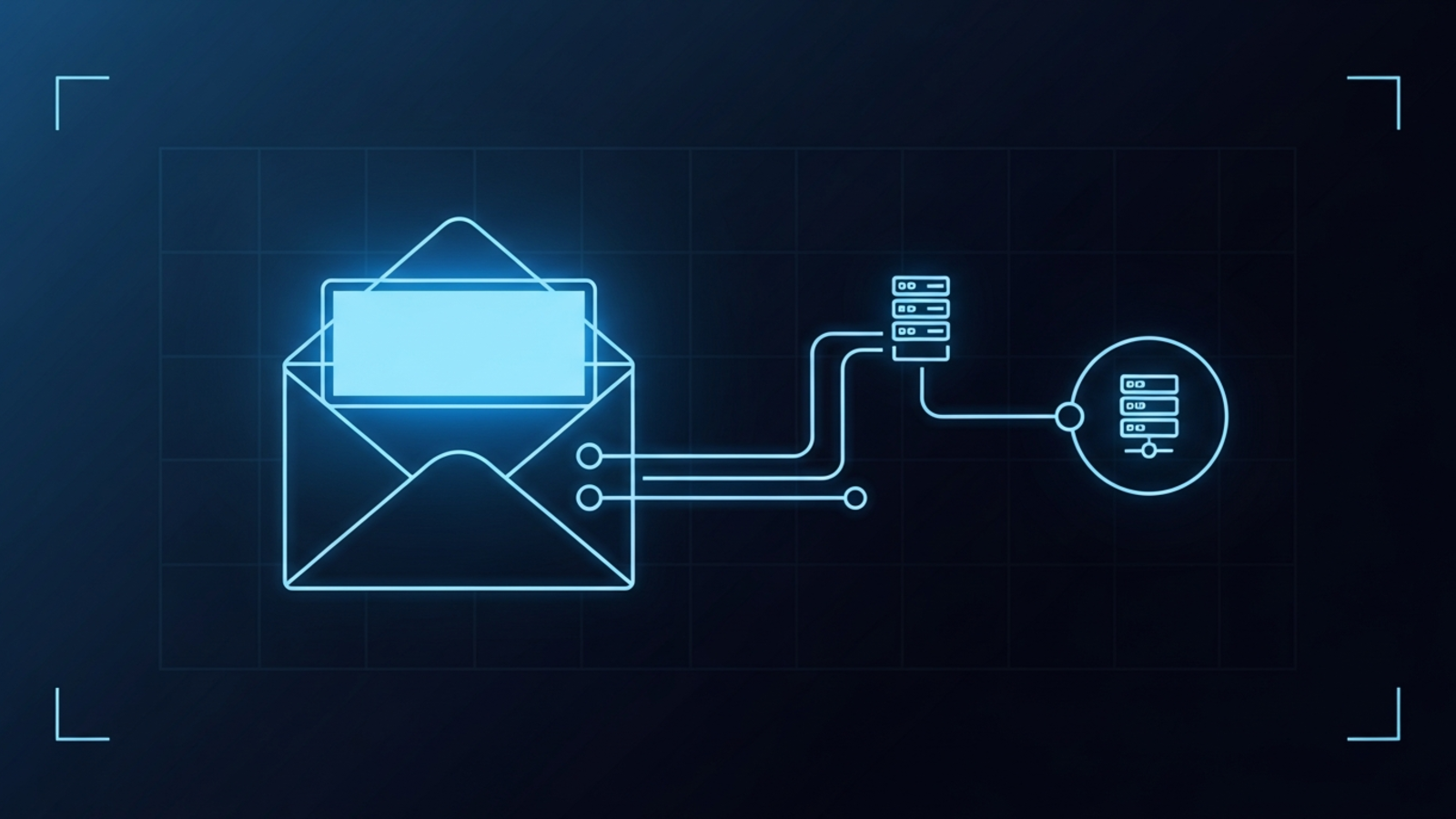 RTB display advertising inside email newsletters — an open email envelope rendering a display-ad banner whose image request flows to an ad-server decision node, the core of image-rendered programmatic advertising in the inbox.