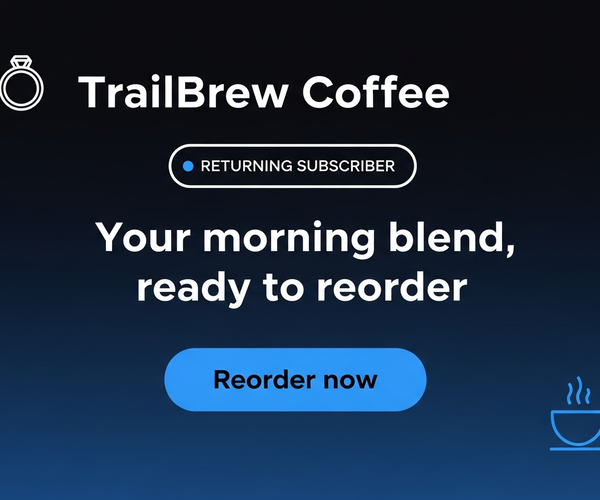 Sample 300×250 display ad mockup (fictional TrailBrew Coffee campaign): “Your morning blend, ready to reorder”